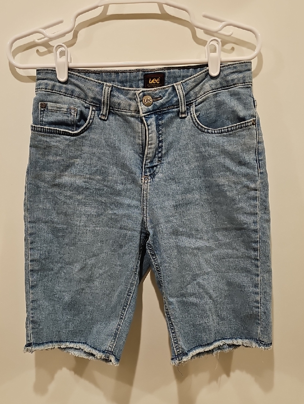 Lee Light Wash Denim Bermuda Shorts with Frayed Hem